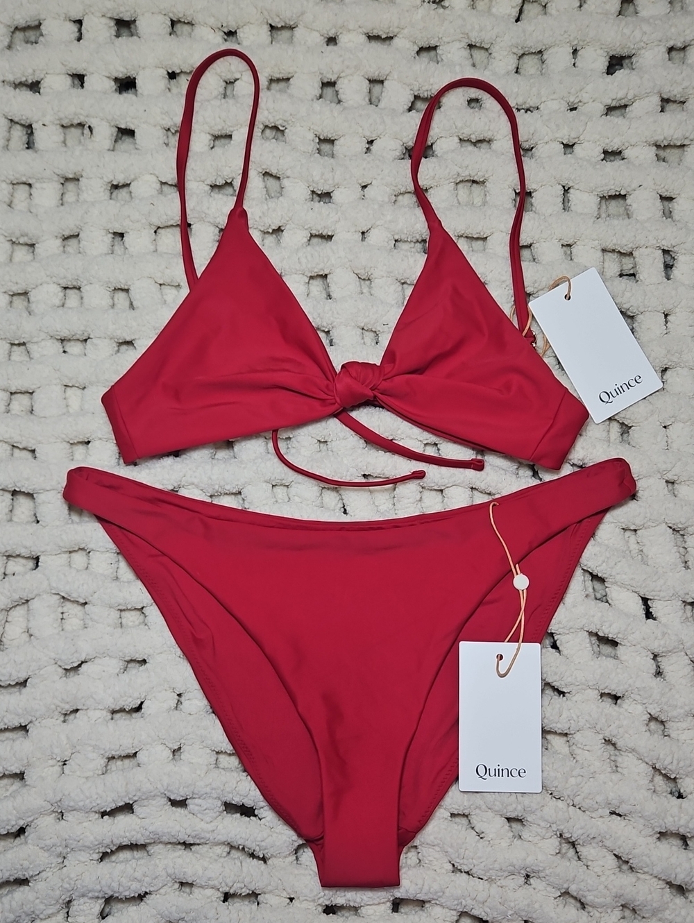 Quince Red Knot-Front Triangle Top Bikini Swimsuit Set Small New Cherry Red
